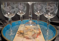 5 Vintage Glastonbury-Lotus Floral & Leaf Cut Wine Glasses Water Goblets Set