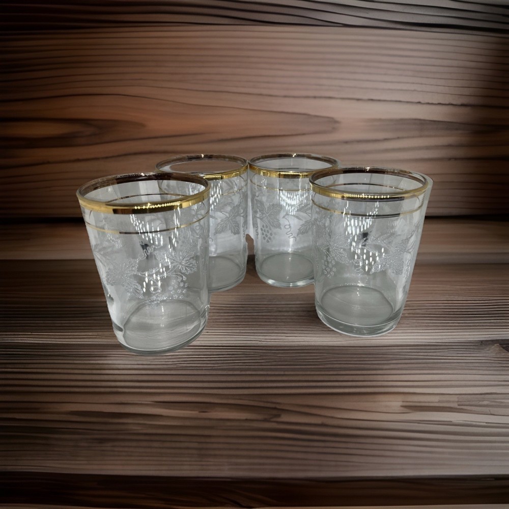 Set of 4 Bartlett Collins Vintage Frosted Grape Vine 22K Gold Trim 8 OZ Tumbler