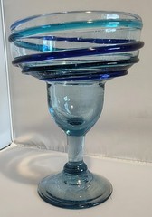 Mexican Hand Blown Margarita Glass Aqua & Applied Cobalt Stripe 6.25″ T 8 oz