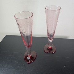 Pink Champagne Flutes Red Heart Bases Romantic Art Glass Set