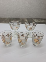 Set Of 5 Vintage 3 Flat Juice Glass 2 Sherbert Golden Foliage by Libbey Glass