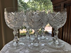 ELMIRA #17 AMERICAN BRILLIANT CUT GLASS WATER WINE GOBLETS (5) C.1903 6 3/4″H