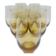 8 MCM Amber Bar Glasses Libbey Roly Poly Juice Wine Goblet Vtg Footed Highball