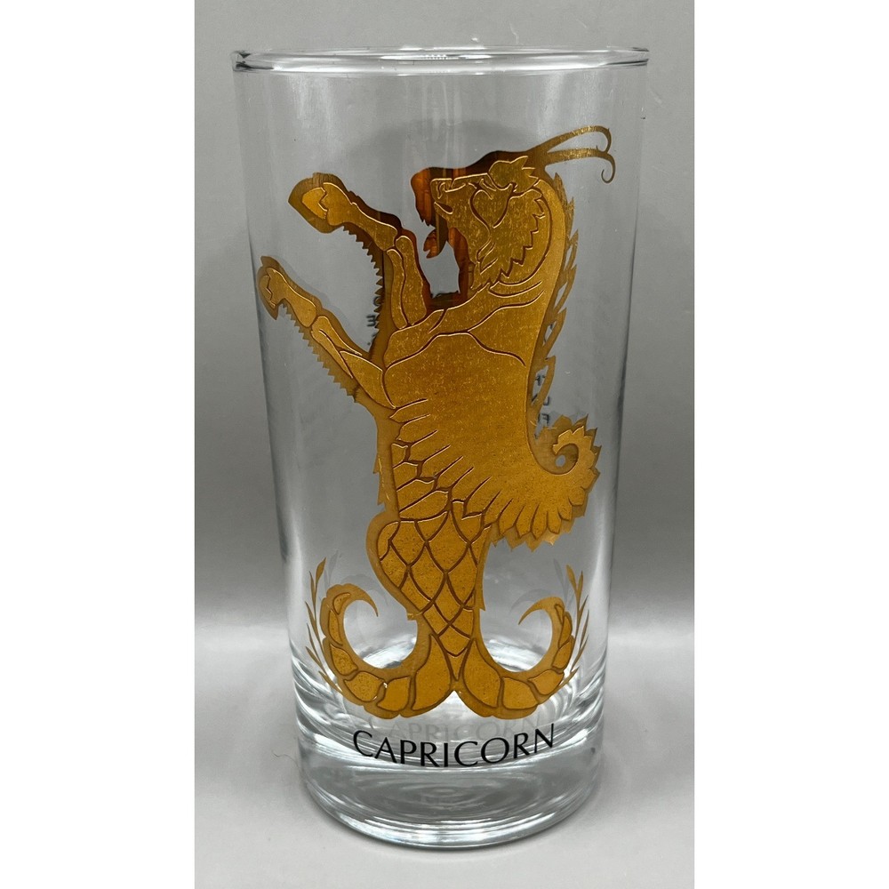 Vtg Capricorn Zodiac Gold Sea-Goat Drinking Glass Astrology Barware 5.5″ Tumbler