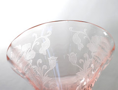 4 Tiffin Franciscan Flanders Pink Etched Tall Champagne Glasses 1920s 6.25″T