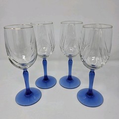 Libbey Crystal Blue Water Wine Goblets Arby’s Drape Optic Blue Stem Gold Trim
