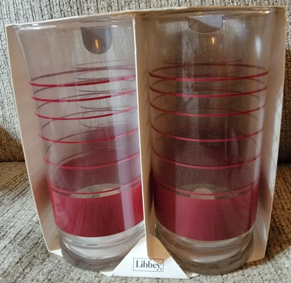 Vintage Set of 4 Libbey Red Clear Striped Glasses 16 Oz Cooler Drinking NEW MCM