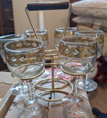 Vintage Culver Valencia Cordial Wine Glasses Set Of 6 With Orig Carrier 22k Gold