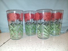Vintage Glasses With Red Flowers Green Leaves Libbey? Very Nice Set Of 4 RARE