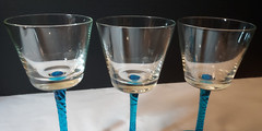 3 Murano Hand Blown Wine/Cordial Turquoise Twisted Stem Glasses