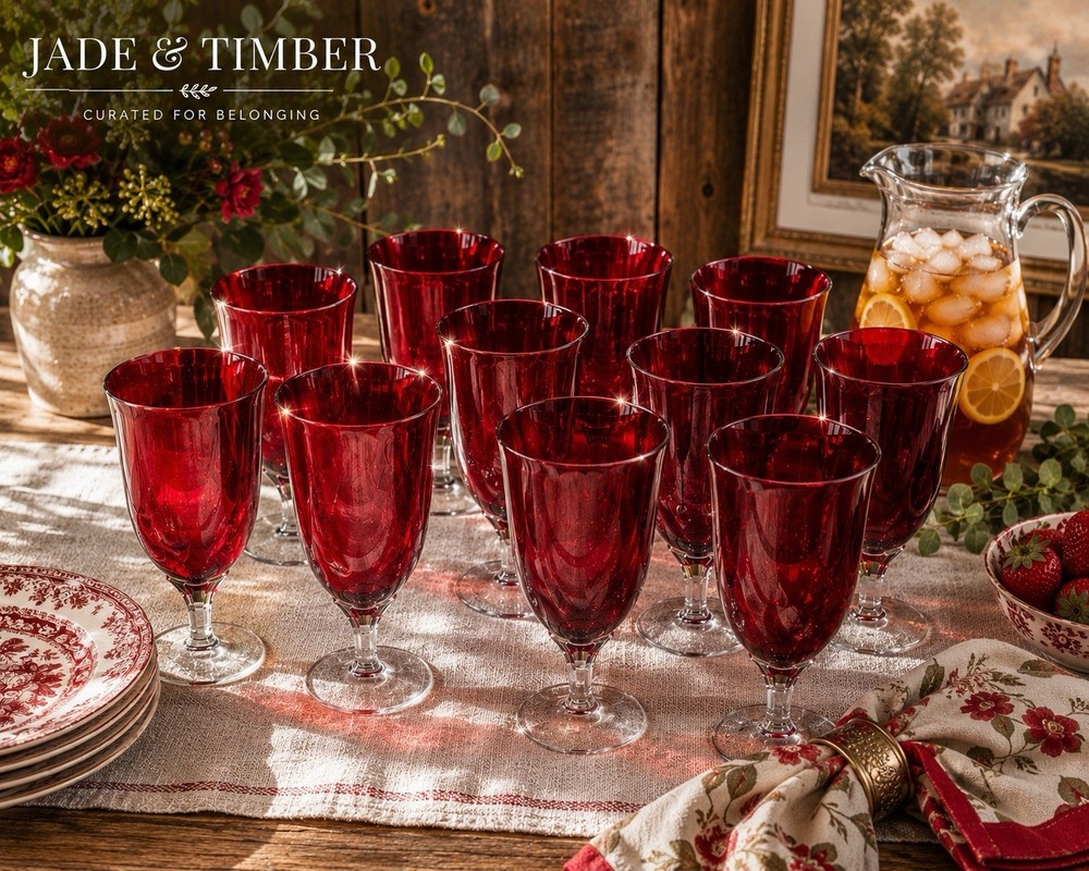 Set of 10 Ruby Red Water Iced Tea Goblets Clear Fluted Stems c. 1970s