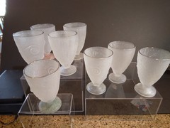 Cristina Salusti Fossil Glass Footed Tumblers 5 1/4 inches Tall Set of 8 Signed