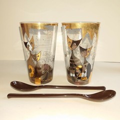 Set (2) Goebel Rosine Wachtmeister Cats German Drink Glasses Gold Gilt 2010 NIB!