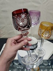 3 Wine Glasses Hocks Goblets Amber, Purple. & Red Cut to clear Crystal Buzzstars