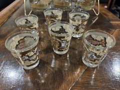 MCM Cera 12Pc WORLD MAP Double Old Fashioned Cocktail & Shot Glasses W/Caddy