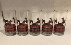 Set of 5 Anchor Hocking Black Scottish Terrier Dog with Red & Black Plaid