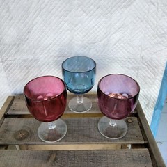 Vintage Iridescent Blue Purple Ruby Bartlett Collins Thumbprint Goblets Set of 3