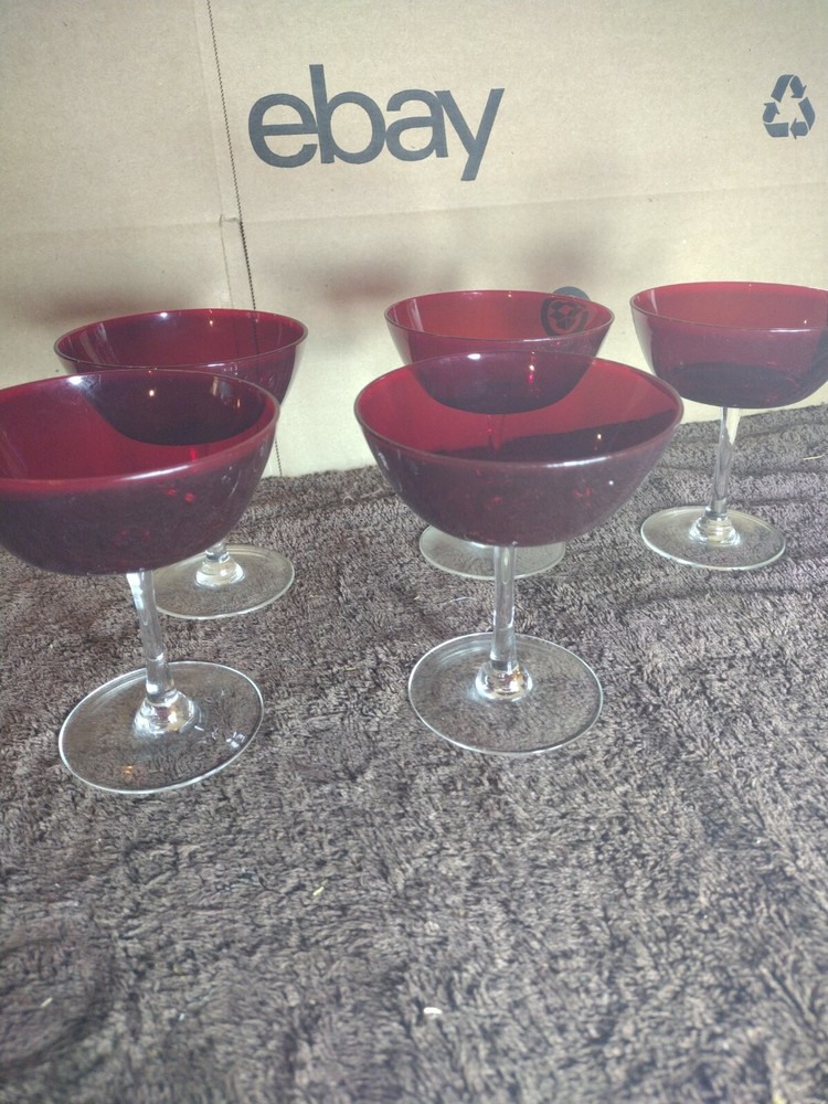 vintage ruby red wine glasses Set Of 5, five inches tall 4 inches across top