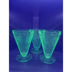 Vintage Jeannette Green Uranium Glass Poinsettia Floral Footed Tumblers Set of 3