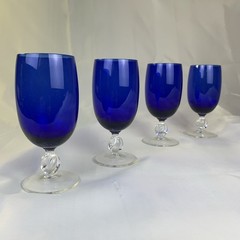 Lot of 4 Cobalt Blue Glasses 5” With Clear Twisted Stems Wine Water Goblet 4 oz