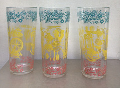 6 Vintage HAZEL ATLAS AMERICANA GLASSES Aqua Yellow Pink Rocking Chair, Spinning