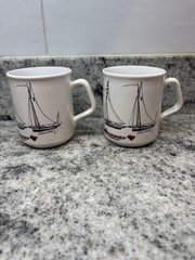 Paul Barclay England Mug Set x2 Sailboats Steamships Nautical Tea Coffee Retro