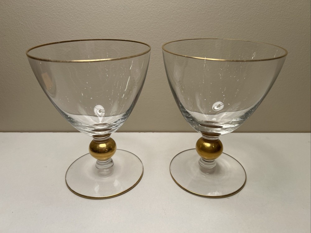 Set of 2 Vintage MCM Crystal Water Goblets Gold Trim and Gold Ball Stem 5 1/8″h