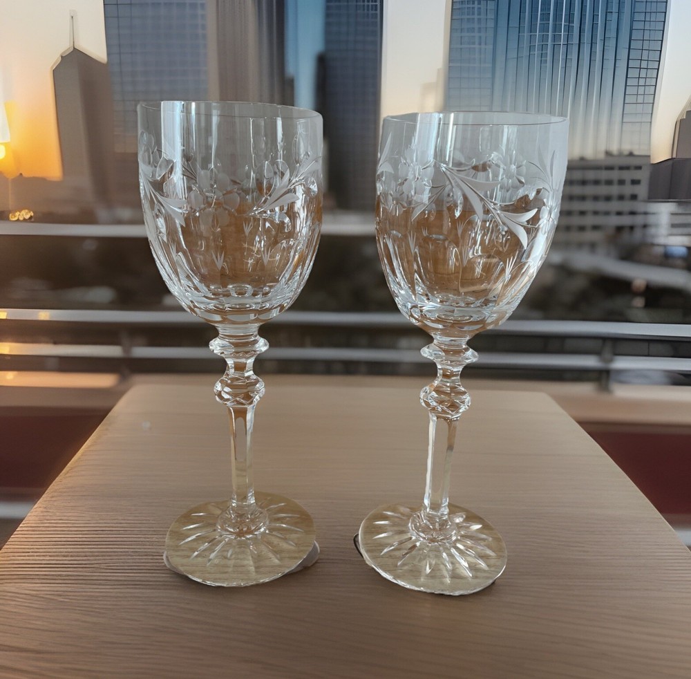 Set 2 Miller Rogaska Country Garden Water Goblets Cut Glass Crystal Clear 8 3/4”