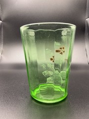 Victorian Green Glass Tumbler Uranium Optic Rib Hand Painted Floral