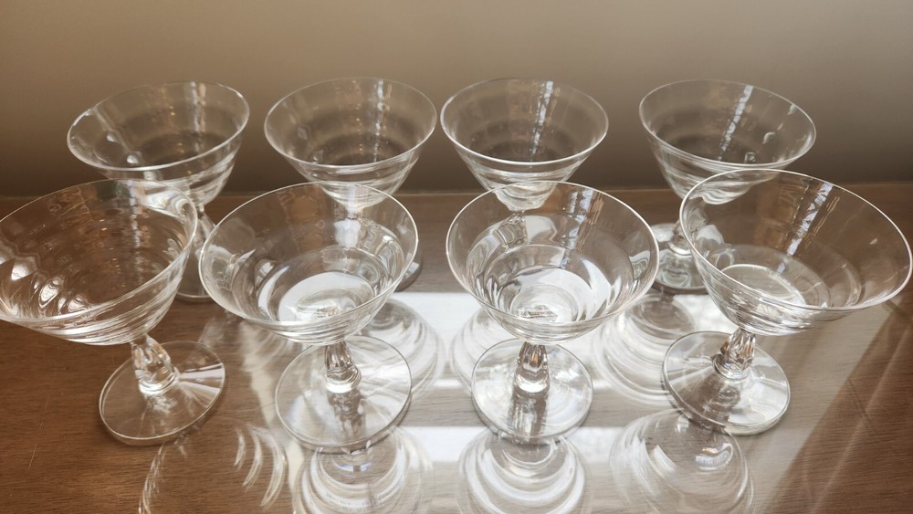 Set Of 8 Fostoria MCM Moon Ring 4 3/8” Sherbet Glass, Horizontal Ribbed EUC