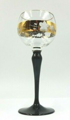 VINTAGE BLACK STEM CRYSTAL WINE GLASS WITH ETCHED & CUT GOLD BANDS