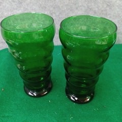 6 Anchor Hocking “Open Sleigh, A Bicycle for Two, Whirly Twirly” Green Glasses