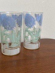 Set Of 6 Juice Glasses Blue Green Butterfly And Clover Flower Vintage 4 3/4” EUC