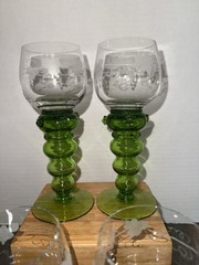 Antique German Theresienthal Barvaria Green Ribbed Baluster Stem Wine Glasses 4