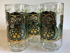 Vintage Libbey Tumblers MCM Owls On Tree Stained Glass Look Drinking Glass Set 5