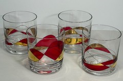 Stimas Mosaic Threaded Glass Tumblers with Red & Gold Set of 4 Made in Romania