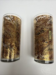 Culver Peacock Marble Glasses Burgundy & Black Highball 12 0z. 22k Gold Set Of 2