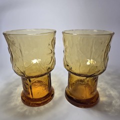 vtg set of 2 libbey amber glass country garden daisy flower 5” boho water tumble