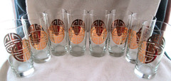 Set of 8 Culver-Type High Ball Glasses Decorated w/Gold Oritental SHOU Symbol
