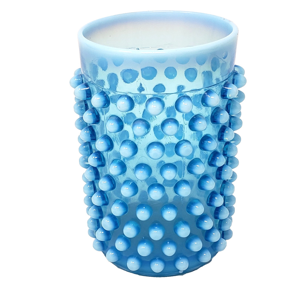 Vintage MCM Blue Opalescent Hobnail Art Glass Tumbler 4″ Drinking Glass Vanity