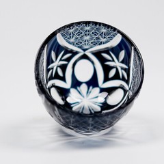 Ink Blue Small Sake Cup Edo Kirik Hand Cut Flame Shot Glasses 1.5oz Gift Packing