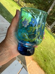 Libbey Blue Hand Painted Floral Drinking Glasses 12 Oz Mint Cond