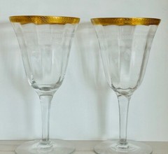 2 Vintage Tiffin-Franciscan 14196-6 Wine Water Goblet Stem Glass Etched Gold Rim