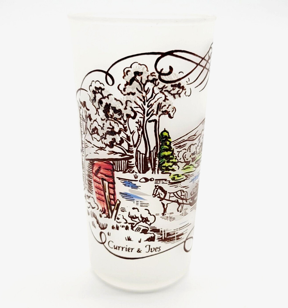 Currier and Ives Frosted Drinking Glass Tumbler Barware Pub Kitchenware Vintage
