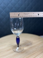 6 Hand Blown Clear Controlled Bubble Red Wine Goblets With Cobalt Blue Stems 8oz