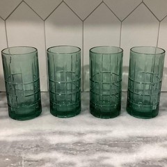 4 Vintage Anchor Hocking Tartan Manchester Tumbler Glasses Green 6″ *