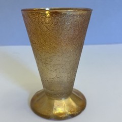 Jeannette Glass Crackle Marigold: Footed Tumbler, 4 3/4″ Tall, Chipped On Bottom