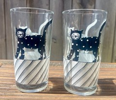 Pair Vintage Polka Dot Black White Cats Tumblers Glasses Highball