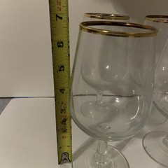 Lot Of 4 Wine Water Goblet Clear Glasses Gold Trim Stemware 7″ Unknown Maker #1