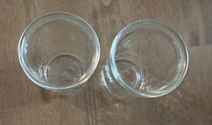 2 VTG 3.75″ Glass Ball Diamond Band Jelly Jar Juice Glasses 5 oz Pressed
